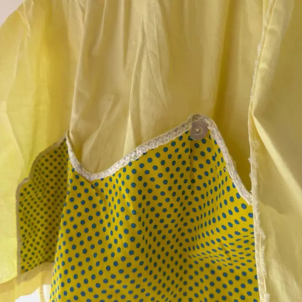 Vintage Yellow Half Apron with Polka Dot Pocket and Scalloped Trim